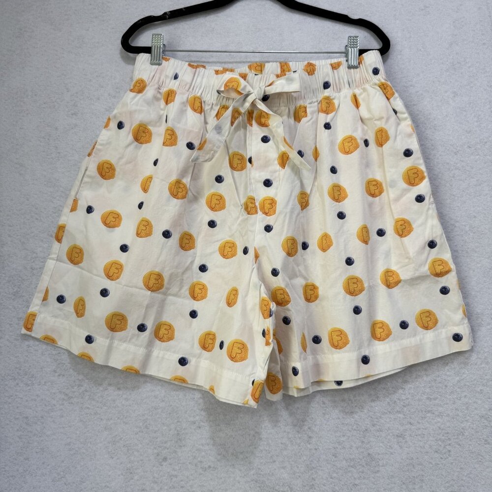 Flan Shorts Men XL White Blueberry Pancake Print Cotton Drawstring Pocket Brunch